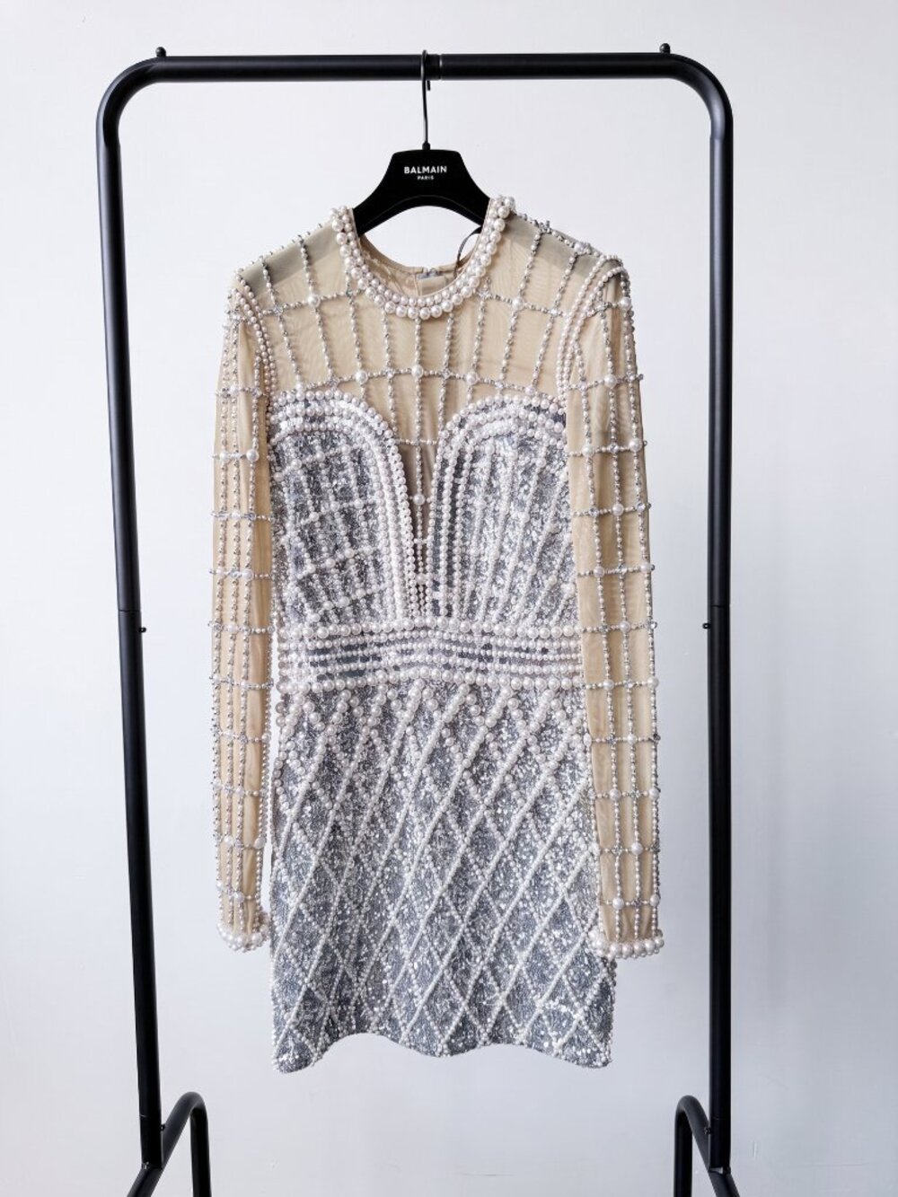 Balmain Pearl and Crystal Embellished Sequin Mini Dress Silver Size FR 38 US 6 - Picture 3 of 14